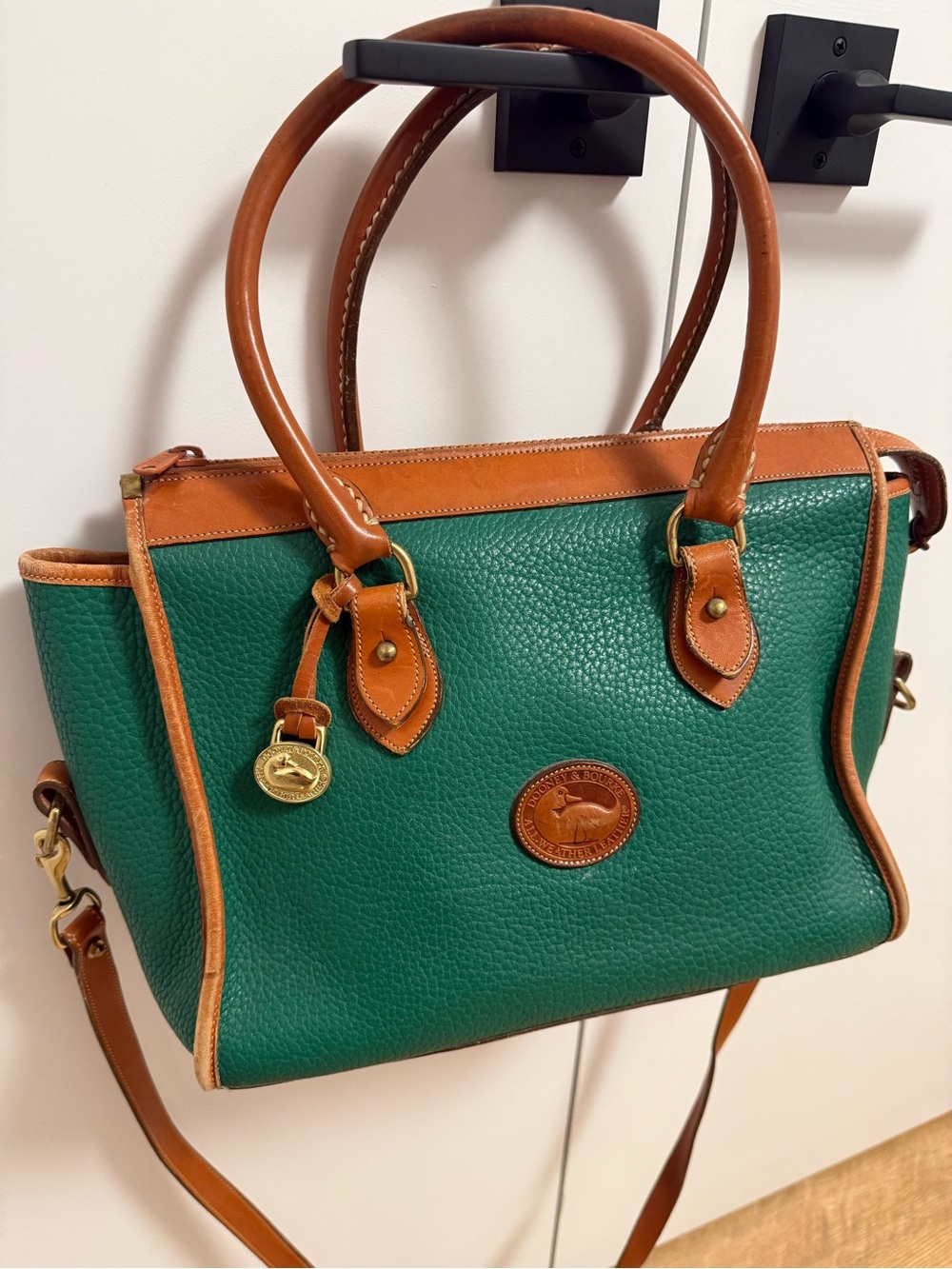 Authentic Dooney & Bourke Vintage Green Pebble Leather Satchel with Tan Trim